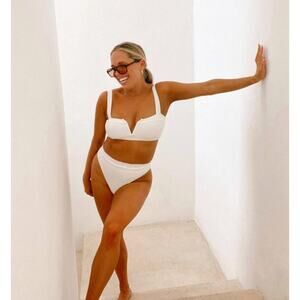 L*Space Anthropologie White Ribbed Frenchi High Waist Bikini Bottom NEW